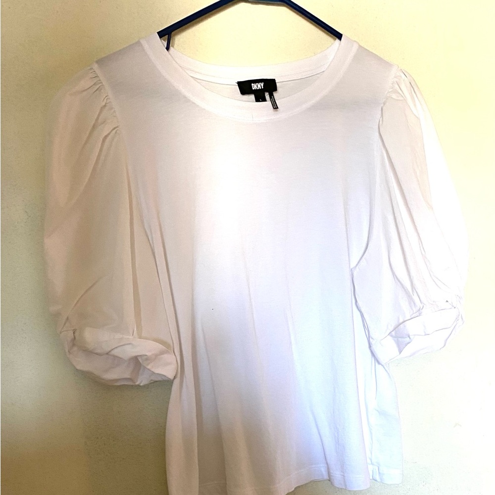 DKNY Women's Classic White Blouse with Puff Sleeves